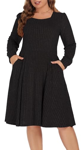 BEDOAR Abito taglie forti con scollo quadrato manica lunga elastico comodo casual autunno/inverno abito con tasche, nero, 54 Più