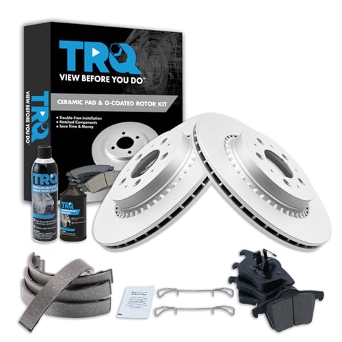 Image of TRQ Rear Brake Pad & Rotor Kit, with Chemical Kit Parking Brake Shoe Set Ceramic Premium G-Coated Compatible with 2008-2014 Volvo XC90