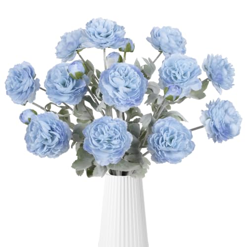 IPOPU Blue Peonies Artificial Flowers 6PCS Real Touch Ranunculus 18Head