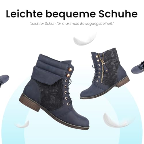 Elara Damen Stiefeletten Worker Boots Spitze Chunkyrayan B9812-KB Dunkelblau-39