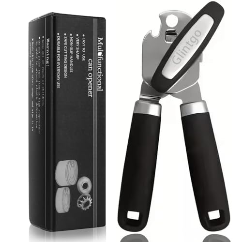 Heavy Duty Stainless Steel Smooth Edge Manual Can Opener, Bottle Opener, Rust-Proof Soft Handle, Oversized Easy Turn Knob, Multifunctional Kitchen Tool for Seniors and Kitchen Essentials, Black