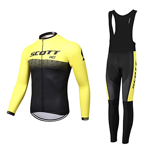 Linarun Juego de maillot de ciclismo para hombre, manga corta + pantalón de ciclismo de manga corta 3D, Manga larga SCOTT Amarillo Negro, XL Cover