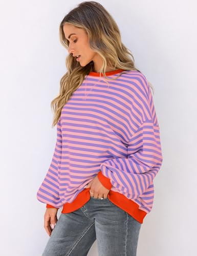 Image of UEU Women Oversized Striped Crewneck Sweatshirt Long Sleeve Color Block Pullover Tops Casual Loose Workout Shirt