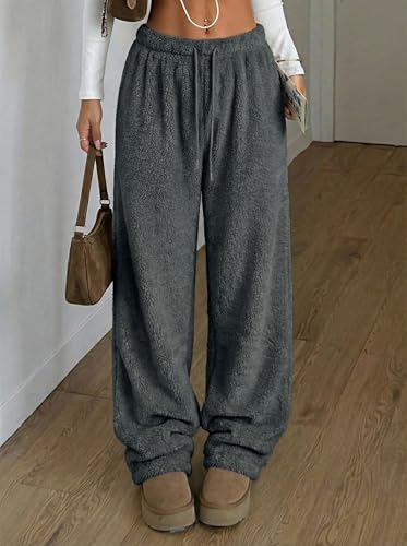 Image of ZAFUL Women's Fuzzy Plush Pajama Pants Wide Leg Pj Bottoms Lounge Pants | Soft Fluffy Sleep Pants Drawstring Elastic Waist Teddy Pjs for Women No Pockets