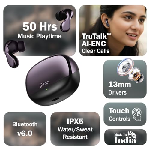 Image of pTron Bassbuds Tango in-Ear TWS Ear Buds w /Custom EQ, 50hrs Playtime, Pristine Sound, Dual Mic, TruTalk ENC Calls, Mobile App,Wireless Bluetooth V6.0,Touch Controls,Type-C Charging, IPX5 (Nexua Black)