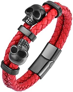 Raymard Mens Skull Double Row Leather Bracelet, Braided Bracelet for Men, Mens Punk Jewelry