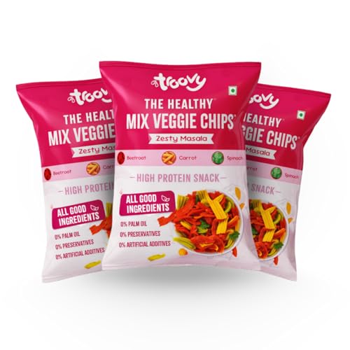 Image of Troovy Healthy Masala Vegetable Chips | Tasty & High Protein Snacks | 30% Of Protein Needs | No Palm Oil, Cholesterol or Trans Fats | 70g (Pack of 3)