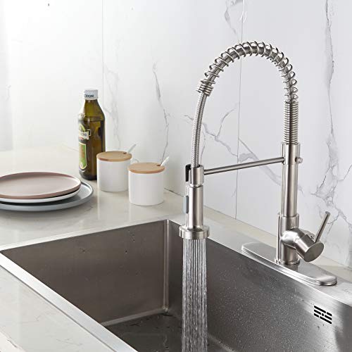 Kitchen Faucet Commercial Modern Solid Brass Single Handle Single Lever Pull Down Sprayer Spring Kitchen Sink Faucet with Deck Plate Brushed Nickel