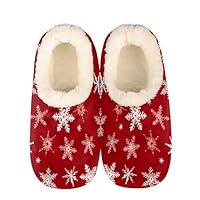 Mexpekil Women's Men's Slippers Christmas White Snowflakes Pattern Red Slippers Soft Warm Fluffy House Slipper Boots Non-Slip Winter Foot Warmer Gifts for Mum Dad Ladies Girls Boys Size 4-11