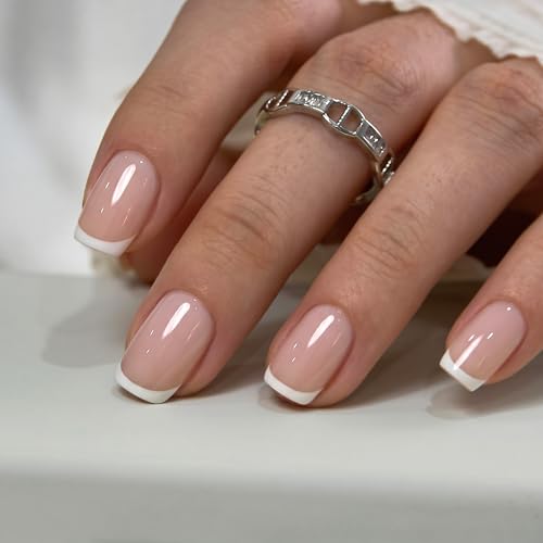 Image of CurvLife Soft Gel Square French Tip Press On Nails Short, Silk Outline Style Reusable Fake Nails with Glue & Adhesive Tabs, 32PCS Salon-Quality Stick-On Nails for At-Home Manicure