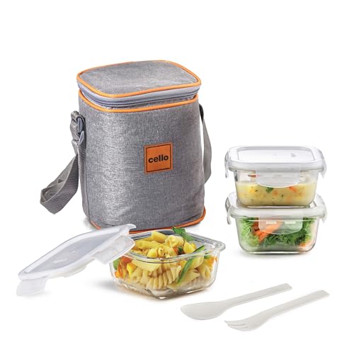 Image of CELLO Royale Glass Lunch Box Set of 3 Pcs with Jacket, Clear | Microwave & Dishwasher Safe 3 x 320ml Square Glass Containers |Leadfree, Leakproof, Airtight Clip Lock Lid Tiffin Box For Office & Travel