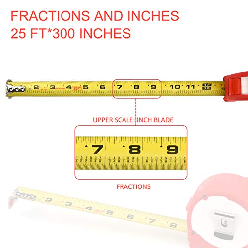 GloryMan Retractable Quick Read Measuring Tape Measure 25 Feet Length with Magnetic Tip, Professional Inch Blade with Fraction, Red Rubber Comfortable Handle,Excellent DIY Gift for dad and Husband