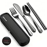 Travel Utensils with Case, Stainless Steel Camping Cutlery Set, Reinforced Case with Snap-Lock Closure, Include Fork Spoon Knife Chopsticks, Portable Lunch Box Silverware for Picnic Office, Black