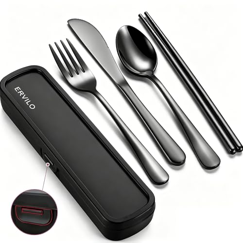 Travel Utensils with Case, Stainless Steel Camping Cutlery Set, Reinforced Case with Snap-Lock Closure, Portable Lunch Box Silverware for Picnic Office, Include Fork Spoon Knife Chopsticks, Black