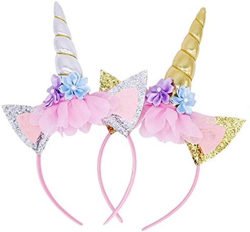 Vanteriam Unicorn Headband, 2 Pack Gold and Silver Glitter Ears with Flowers Unicorn Headbands for Party Decoration or Cosplay Costume