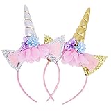 Unicorn Headband, 2 Pack Gold and Silver Glitter Ears with Flowers Unicorn Headbands for Party Decoration Cosplay Costume