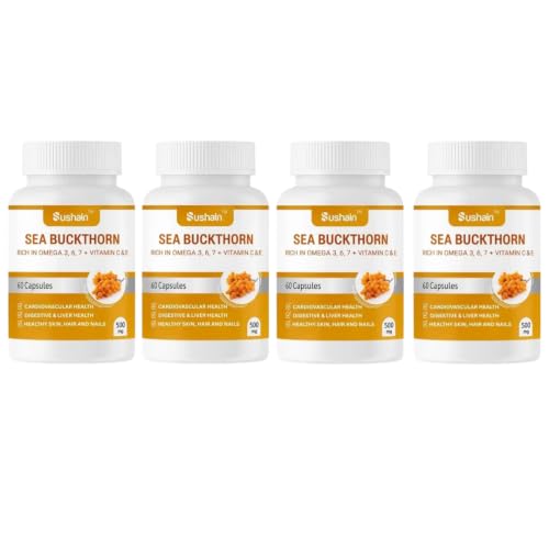 Sushain Sea Buckthorn Capsules | Omega 3, Omega 6, Omega 7, Omega 9 + Natural Vitamin C | Liver, Heart & Skin Health | Immunity & Antioxidant Support | Ayurvedic Supplement (Pack-4)