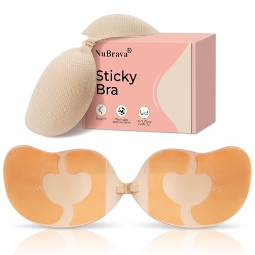 NuBrava Strapless Sticky Bra Push Up for Women, Adhesive Silicone No Show Bra for Backless Dress, Invisible Reusable V Shape(E cup) Beige