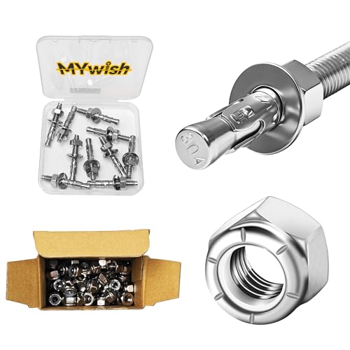 Mywish 10Pcs 1/4 x 1-3/4 Inch Wedge Anchors & 120Pcs 1/4-20 Lock Nuts, Standard Inch Thread Nylon Hex Nuts, 304 Stainless Steel Industrial 1/4 Heavy Duty Industrial Masonry Wdege Anchor Bolts