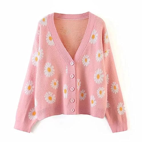 Image of Women's Long Sleeve Cardigan Sweater,Cute Y2K Top Knit Colorful Patterned V Neck Button Outwear S~XL