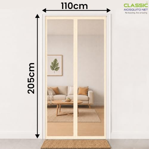 Image of Classic Mosquito Net for Doors with Magnet - Heavy-Duty Fiberglass Mesh | Strong Auto-Close Magnets | Full Frame Hook-&-Loop | DIY Installation for Wooden /UPVC /Marble Doors (205x110 cm, Ivory)