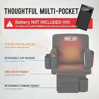 Overmont Heated Stadium Seat with Back Support – 3 Heat Levels, Dual-Zone Independent Control, 6-Position Recliner, Wide Cushion Dual Hooks Multiple Pockets – Bleacher Chair for Sport Camping Concerts