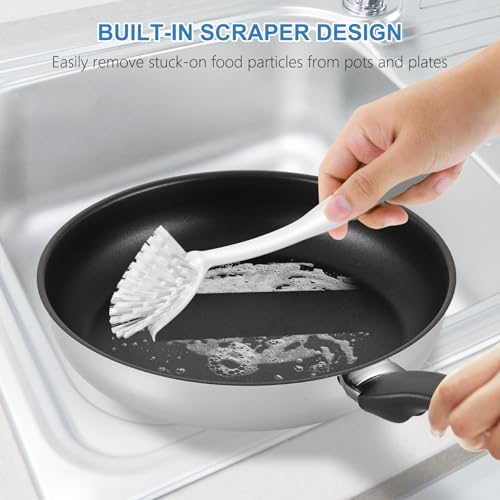 Image of SetSail Dish Brush with Handle, 3 Pack Stiff Bristles Dish Scrubber with Built-in Scraper Dish Scrub Brushes for Cleaning Dishes, Pots and Pans, Kitchen Sink, 3 Pack, Grey White
