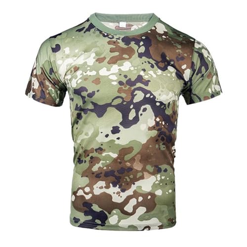 Camiseta casual para exterior para hombres, con impresión de camuflaje de secado rápido, de manga corta, camiseta de cuello redondo elástica, ligera y transpirable, camiseta de ajuste regular de