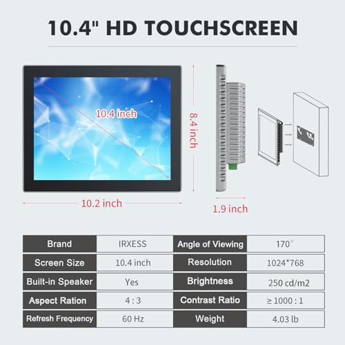 Image of 10.4 inch Touchscreen Monitor,Ratio 4:3 IPS PCAP Industrial Touch Screen Monitor with HD-MI VGA USB Port,Build-in Speakers & VESA,Touch Screen for PC,POS,Laptop,Home,RPI