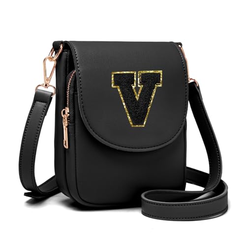 Crossbody Purse for Teen Girls Small Initial Cell Phone Toddler Purse Leather Triple Compartment Crossbody Bags Black V