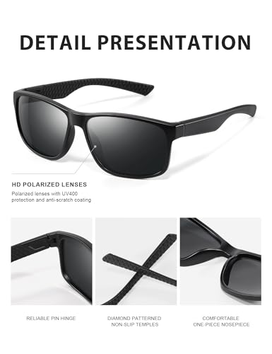 Reglaaly Polarized Sunglasses for Men Womens, Lightweight Mens Sunglasses UV Protection, Black Square Sun Glasses Driving Fishing Golf, Matte Black/Gray Lens - Image 4