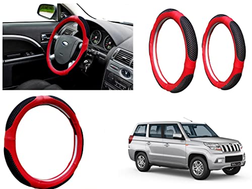 Image of Microfiber Car Steering Wheel Cover, Soft Padding Great Hand Feel, Anti-Slip, Faux Leather Steering Cover for Mahindra TUV 300 Plus | Black Red Jali - Pack of 1