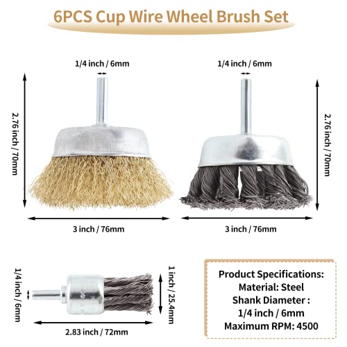 Image of 6PCS Cup Wire Wheel Brush Set, 3 Inch Carbon Steel Knotted Cup Brush and Brass Coated Crimped Wire Drill Brush Set, 1 /4 Inch Shank Brush Kit Rotary Buffing Brush Wheel, Rust Removal Tool Set