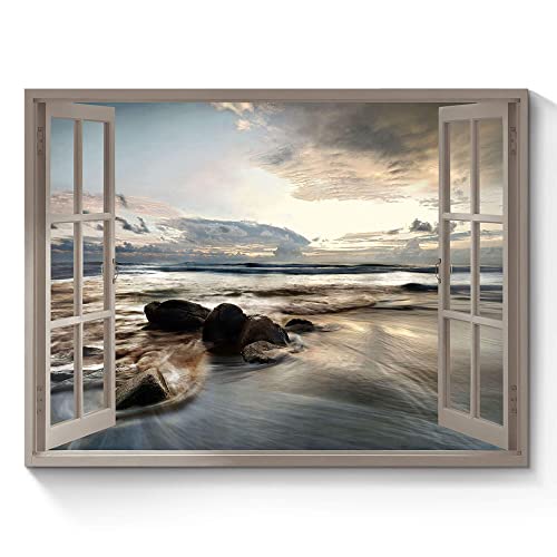 Fake Window Coastal Wall Art: Rocky Beach Artwork Lake Under ...