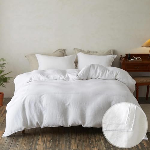 Lit simple sans repassage : parure de lit rustique blanche 100 % lin lavé doux