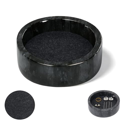 NUOYIA 4.8 Inch Small Round Marble Tray with Protective Felt Pad, Jewelry Ring Dish Holder, Decorative Serving Trays for Dresser, Entryway, Tabletop Decor (Black)