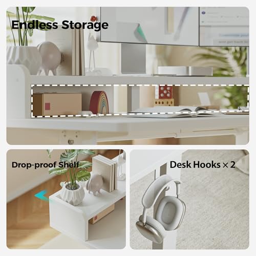 Image of Agilestic L Shaped Standing Desk, Corner Desk with Monitor Shelf, Adjustable Height Gaming Table, Sit Stand Up Table, 63 x 55 Inch Home Office Computer Workstation, Splice Board, White
