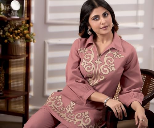 Image of Fashion Kurta Sets for Women | Co Ord Sets Stylish | Kurti Sets for Women | Short Kurti | Ethnic Embroidered Straight Kurta Sets with Pants Suits