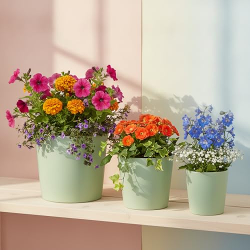 Xtore® 3 Pc Refreshing Tapered Ceramic Planter Set with Drainage Saucers | Modern Indoor Flower Pots for Living Room, Office Desk & Contemporary Plant Styling (Sage Green, Planters only)