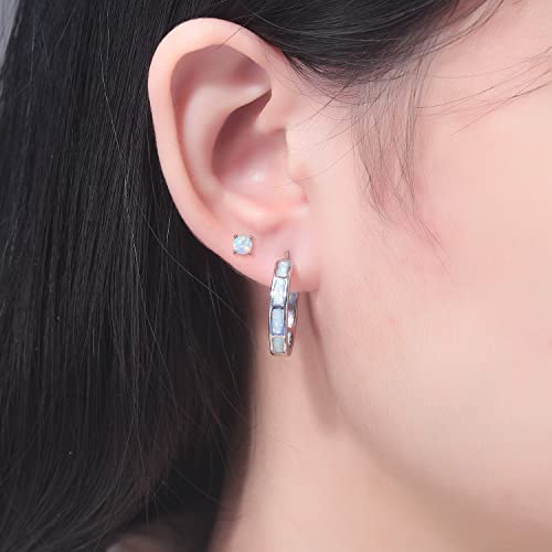 Cinily 2 Pairs Hoop Earring Set For Women Girls Blue Opal Small Hoop Earring Silver Plated Hypoallergenic Opal Stud Earrings #TOP1