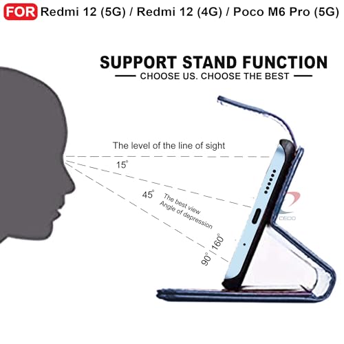 Image of CEDO Flip Cover for Redmi 12 (5G) / Redmi 12 (4G) / Poco M6 Pro (5G) | Leather Finish | Inside Pockets & Inbuilt Stand | Shockproof Wallet Style Magnetic Closure Back Case Flipcover (Blue)