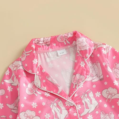 Western Baby Girl Silk Pajamas Set Cowgirl Button Down Short Sleeve Shirts Tops Shorts 2 Piece Satin Pj Lounge Set4