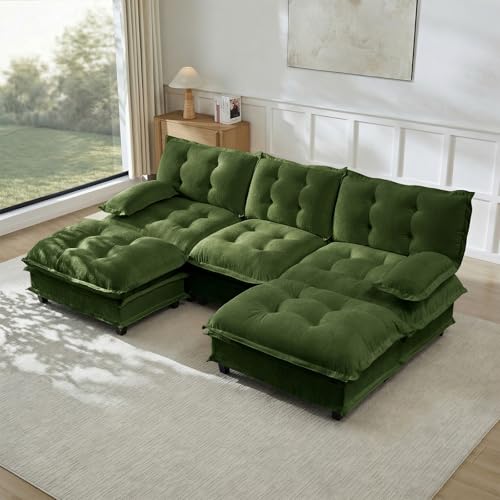 Image of 107 inch U-Shaped Sectional Couches for Living Room, Green 3 Seater Modern Chenille Deep Seat Sofa Set, Salas para Casa, High Back Cloud Couch Modular Sectional Sets with 2 Ottoman