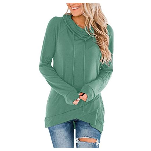 Fallorchid Womens Long Sleeve Pullovers Cowl Neck Tunic Tops Casual Drawstring Sweatshirts (Green, Medium)