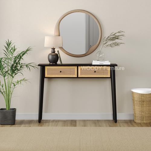 Image of WOODY Furniture Console Table with Storage | Solid Mango Wood Entryway Table for Living Room, Hallway & Bedroom | Foyer Desk (Black)