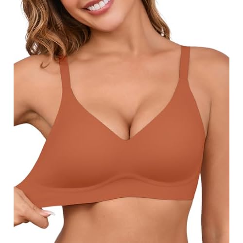 DEANGELMON Seamless Bras for Women No Underwire Comfortable Push Up Bra V Neck Wireless Bralette Full Coverage Wire Free Coffee Large