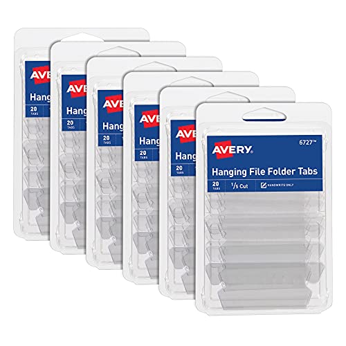Avery Hanging File Folder Tabs and Inserts, 1/5 Cut, Clear, 6-Pack, 120 File Folder Tabs and Inserts Total (36727)