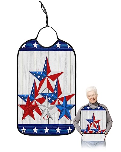 4th of July Adult Bibs for Eating, Waterproof Bibs with Food Catcher & Adjustable Snap Closure, Independence Day American Flag Star Wooden Washable Clothing Protectors Adult Bibs for Elderly Women/Men