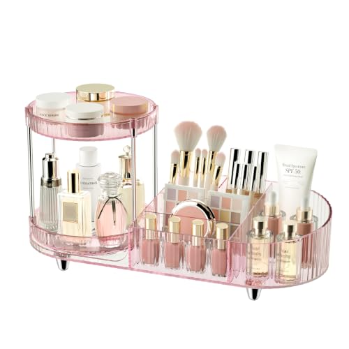 Image of Makeup Organizer for Vanity, 2 Rotating Perfume Trays and 5 Compartments