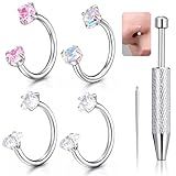 6PCS 18G Horseshoe Nose Ring for Women, Stainless Steel Anti-Sensitive Nose Ring Hoop, Double Gem Horse Shoe Noses Rings for Ear Cartilage, Auricle, Tragus, Lip Studs, Noses Stud, etc. Tools Included